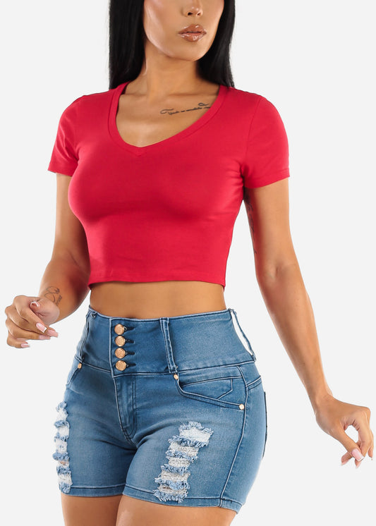 Short Sleeve Vneck Crop Top Red