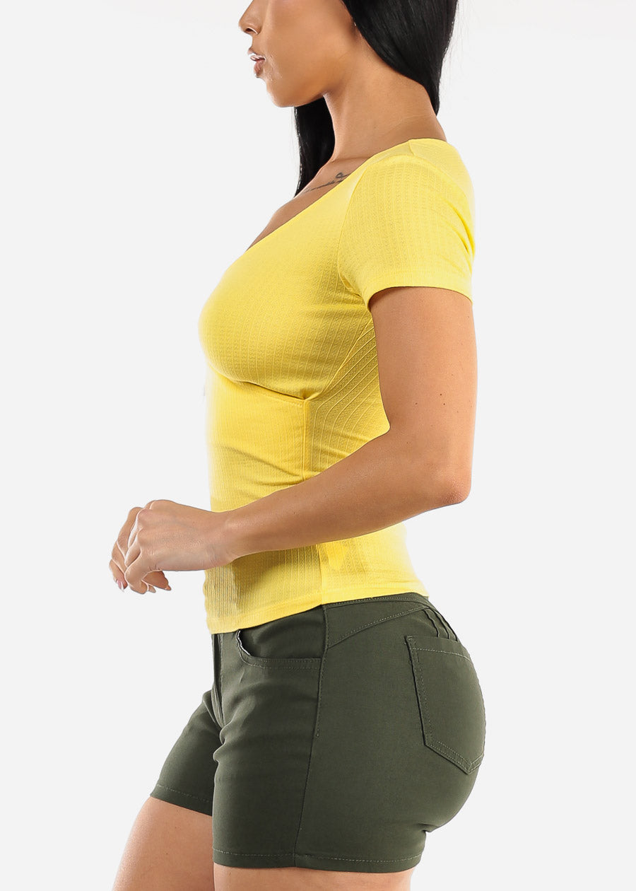 Short Sleeve Surplice Ribbed Top Yellow