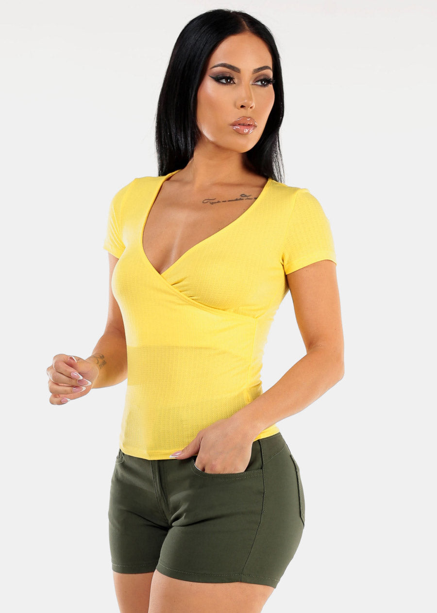 Short Sleeve Surplice Ribbed Top Yellow