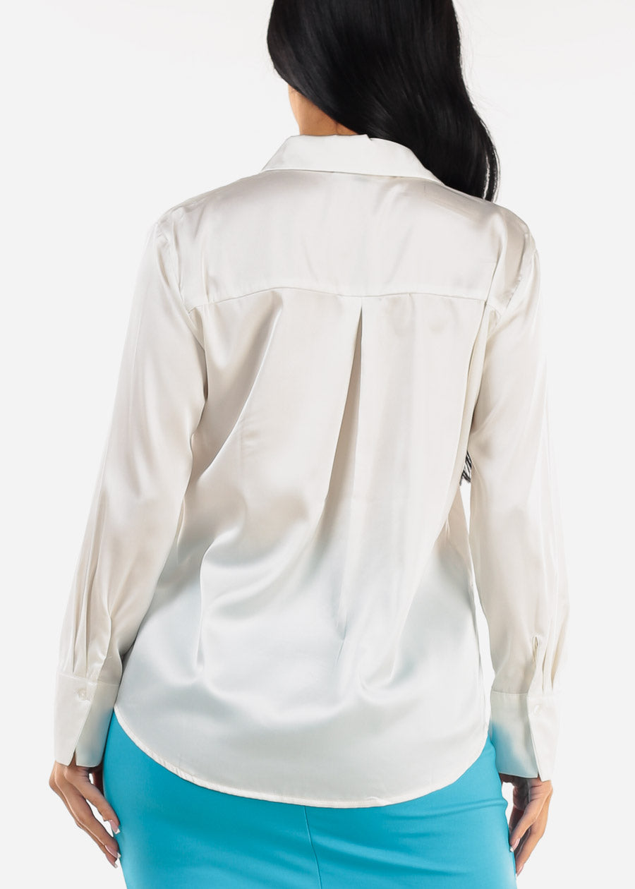 Satin Long Sleeve Button Down Collared Blouse Ivory