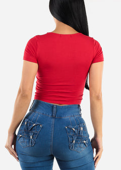 Short Sleeve Square Neck Crop Top Red