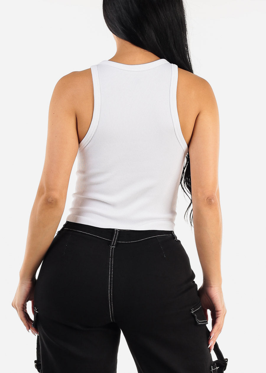 Sleeveless White Seamless Ribbed Crop Top