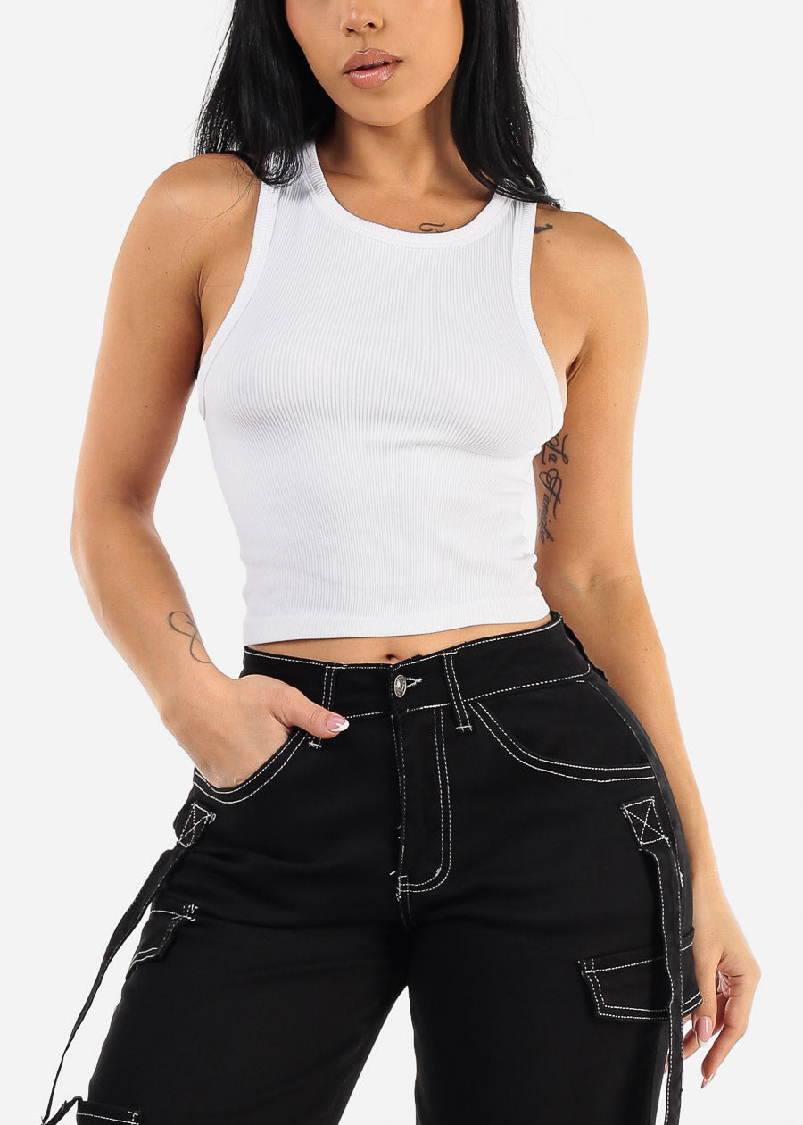 Sleeveless White Seamless Ribbed Crop Top