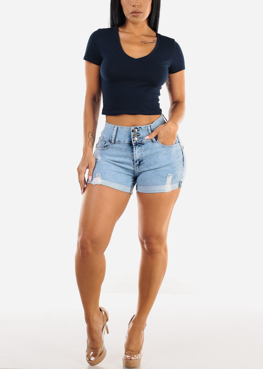 Short Sleeve Vneck Crop Top Navy