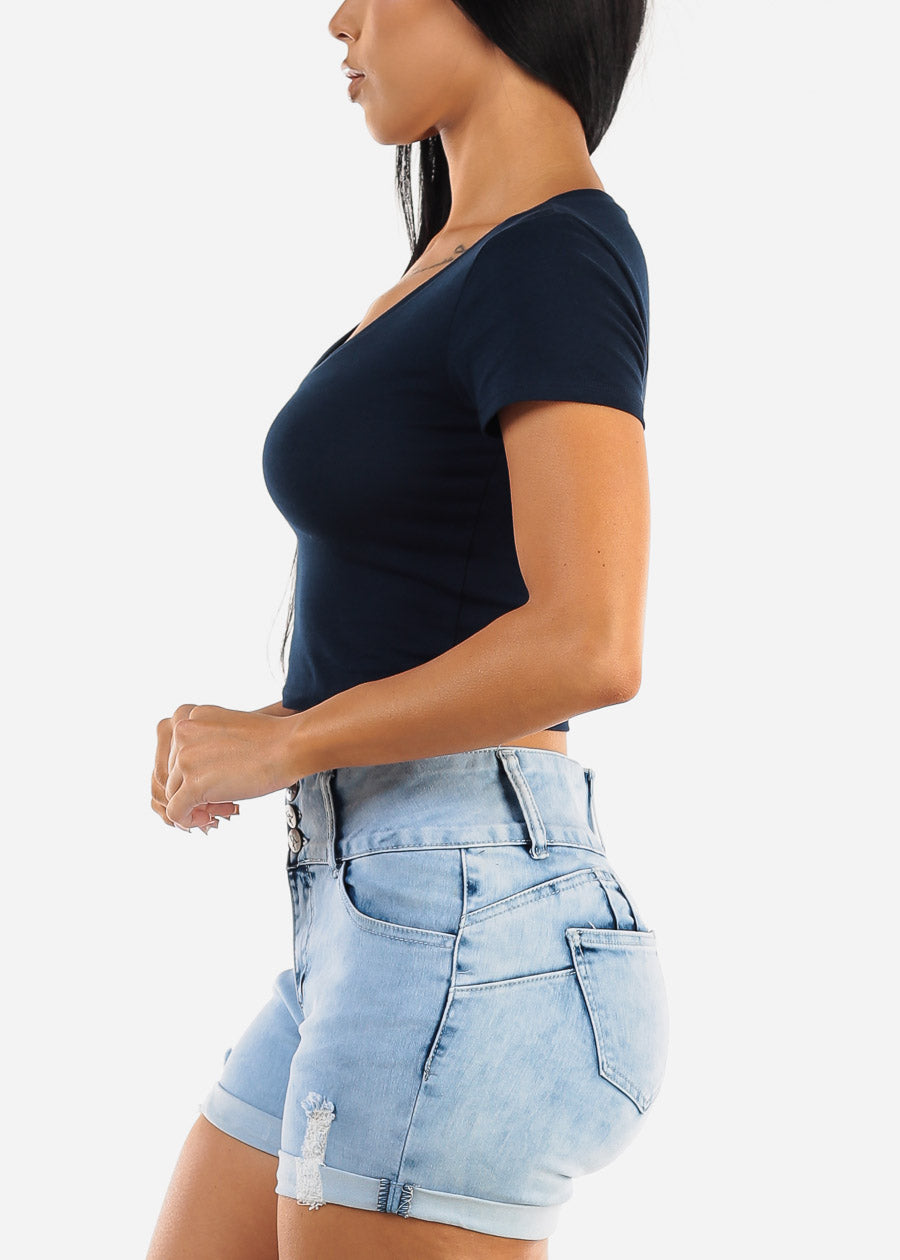 Short Sleeve Vneck Crop Top Navy