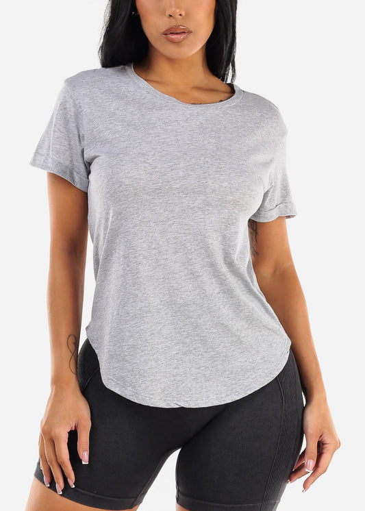 Cuffed Short Sleeve Round Hem Oversized Top Heather Grey