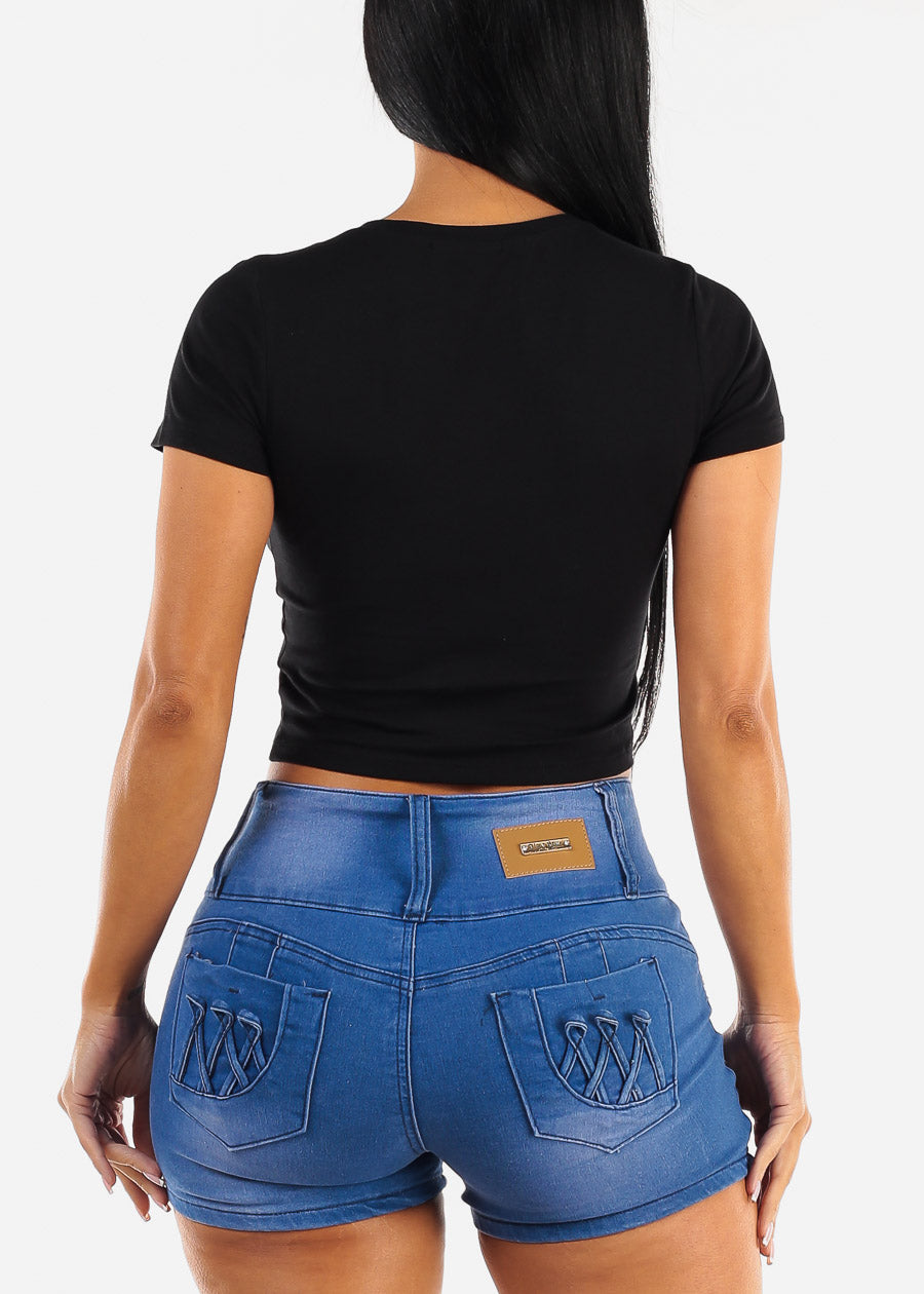 Short Sleeve Black Vneck Crop Top