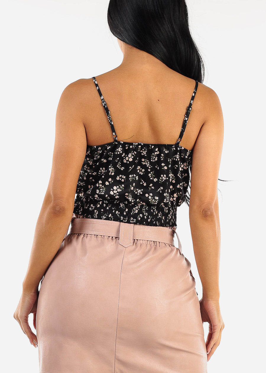 Black Satin Sleeveless Floral Cami Crop Top