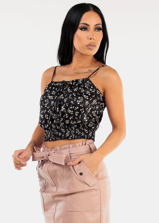 Black Satin Sleeveless Floral Cami Crop Top