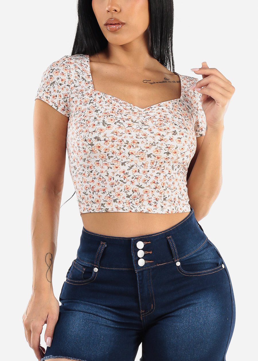 Short Sleeve Sweetheart Neckline Floral Crop Top Ivory