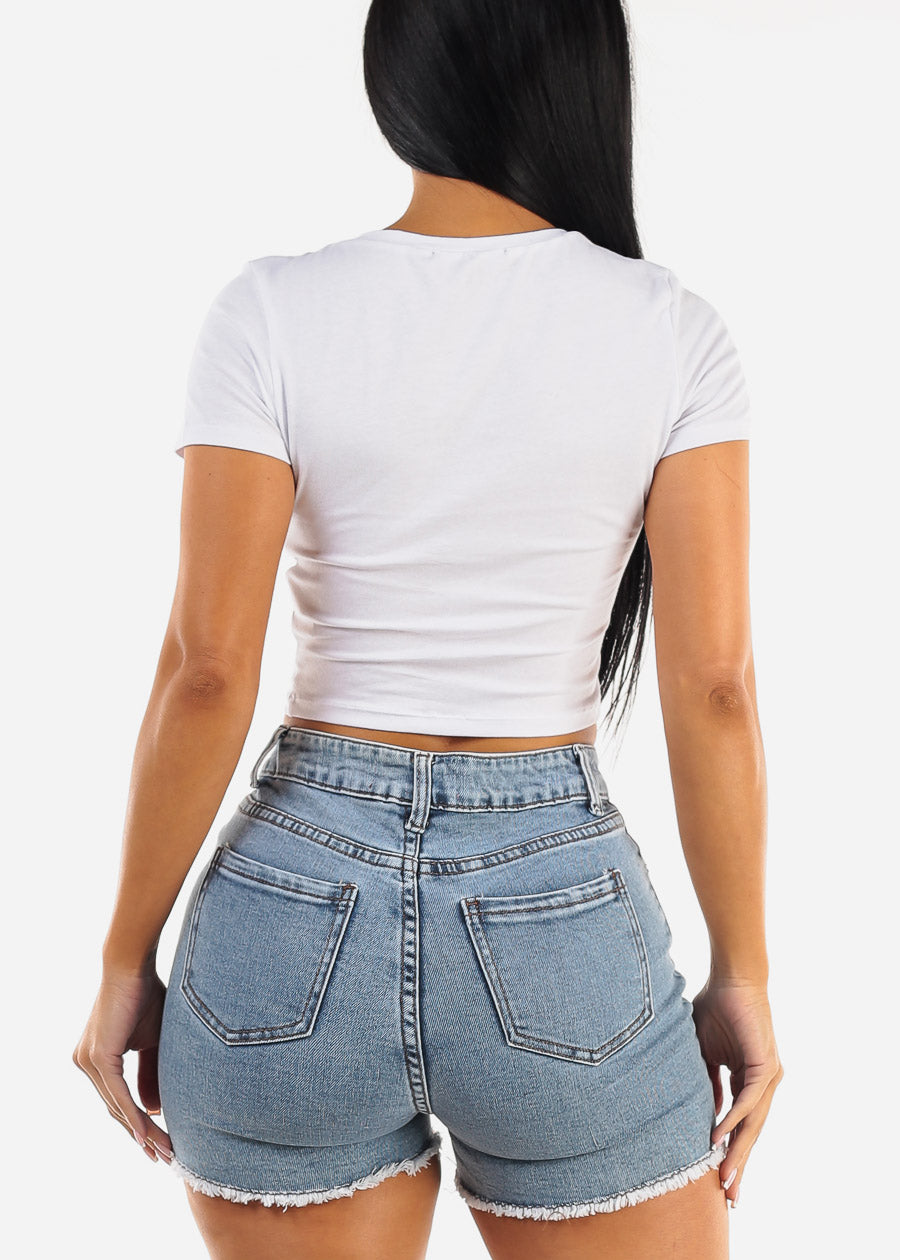 Short Sleeve White Vneck Crop Top