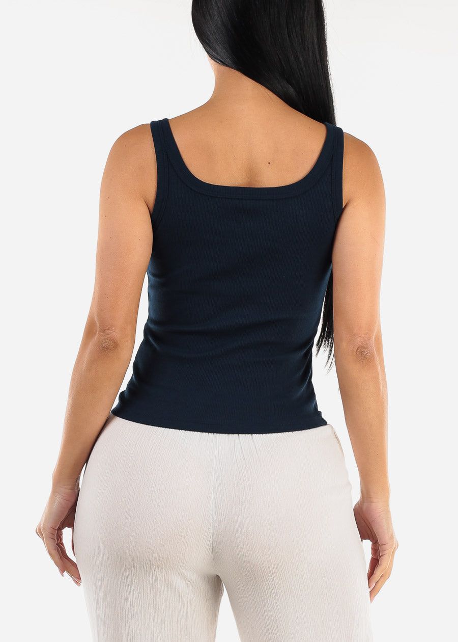 Sleeveless Scoop Neck Ribbed Tank Top Navy