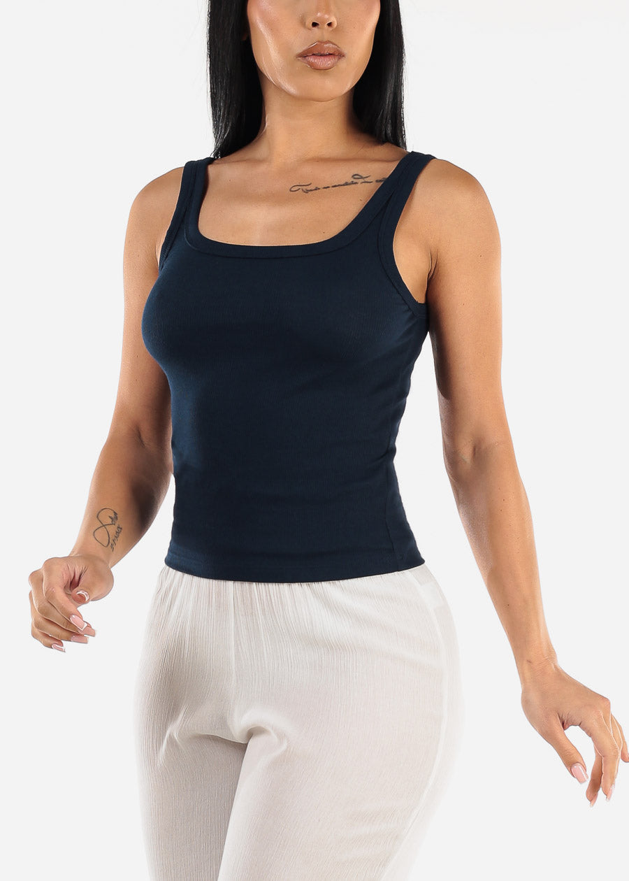 Sleeveless Scoop Neck Ribbed Tank Top Navy