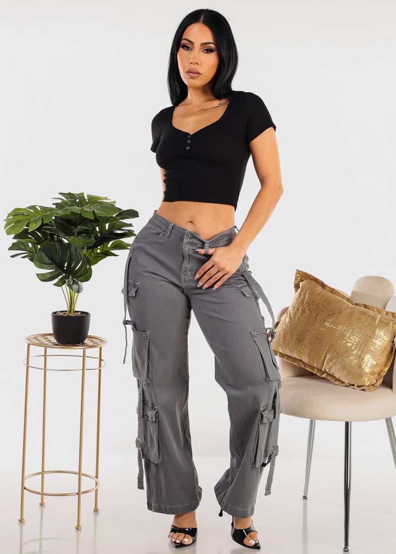 Thermal Short Sleeve Vneck Black Crop Top