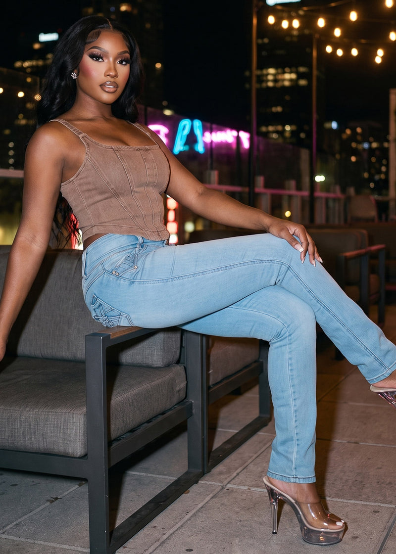 Sleeveless Square Neck Stretch Denim Crop Top Brown