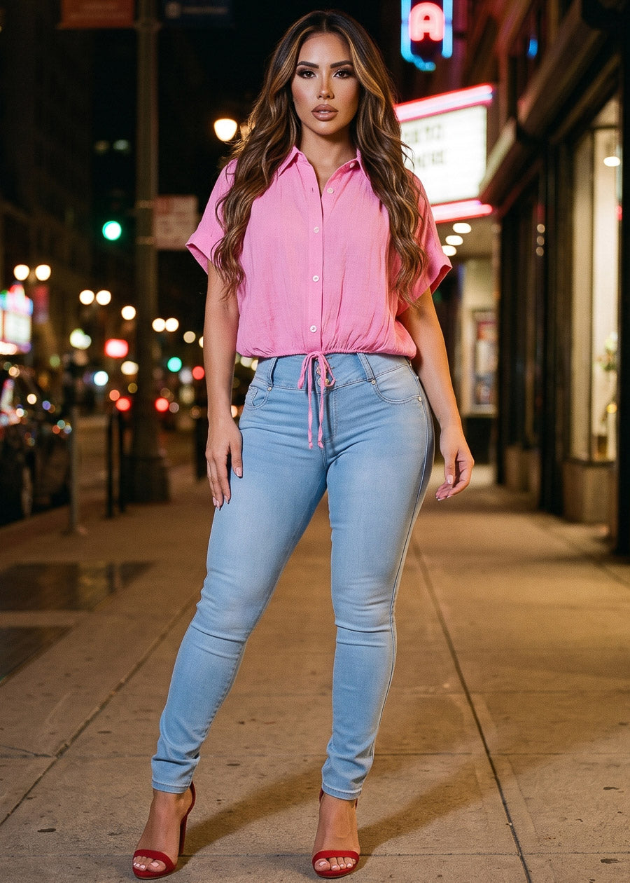 Short Sleeve Elastic Waist Button Up Collared Blouse Pink