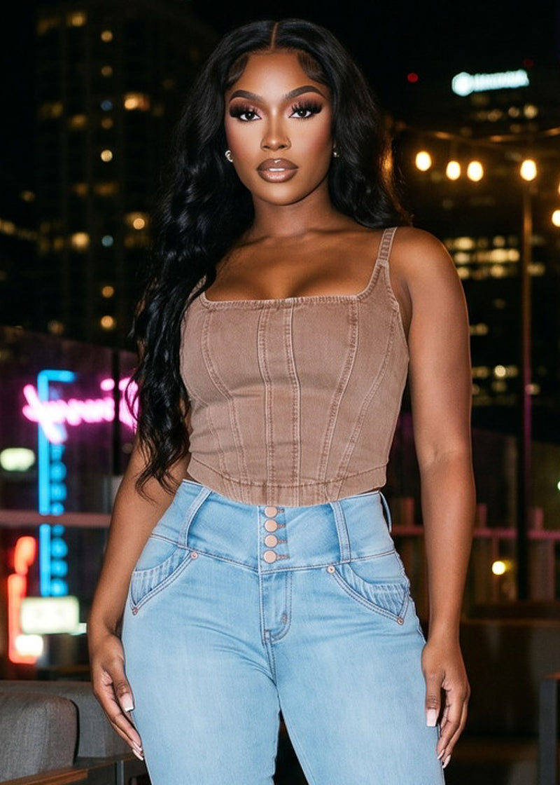 Sleeveless Square Neck Stretch Denim Crop Top Brown