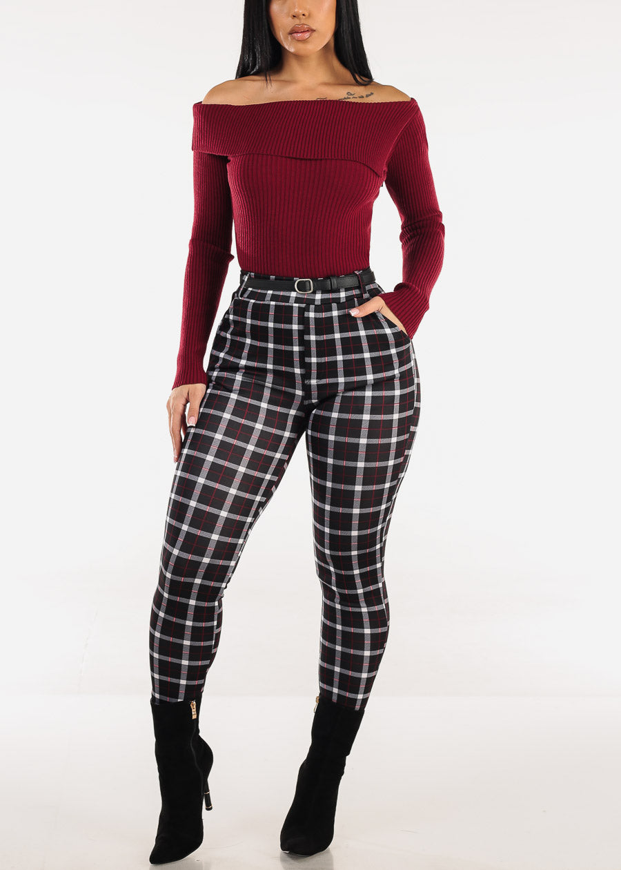 Butt Lift High Waist Plaid Skinny Ankle Pants w Belt Black