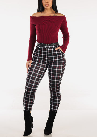 Butt Lift High Waist Plaid Skinny Ankle Pants w Belt Black
