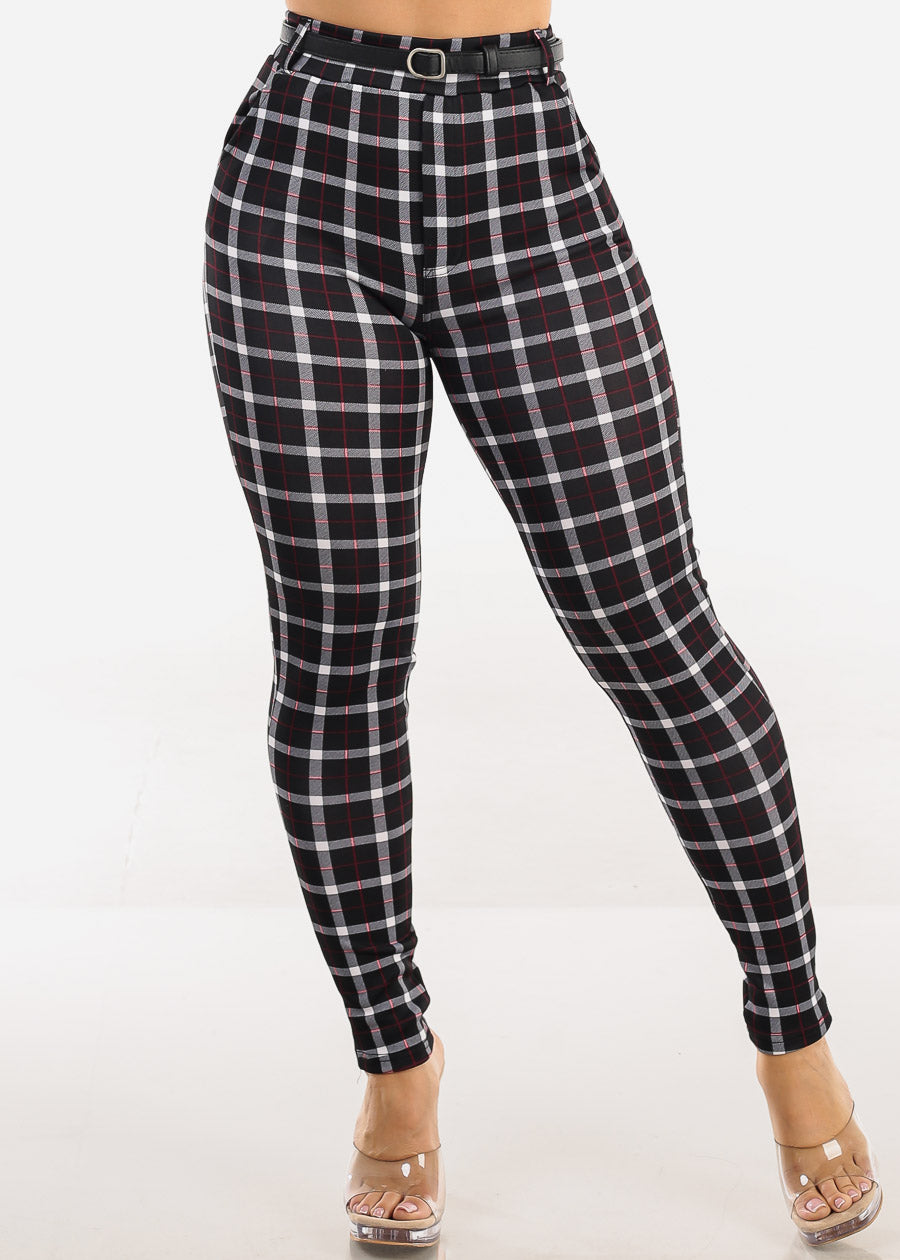 Butt Lift High Waist Plaid Skinny Ankle Pants w Belt Black