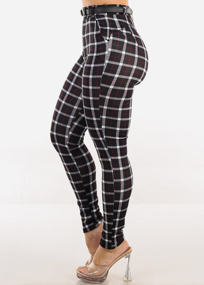 Butt Lift High Waist Plaid Skinny Ankle Pants w Belt Black