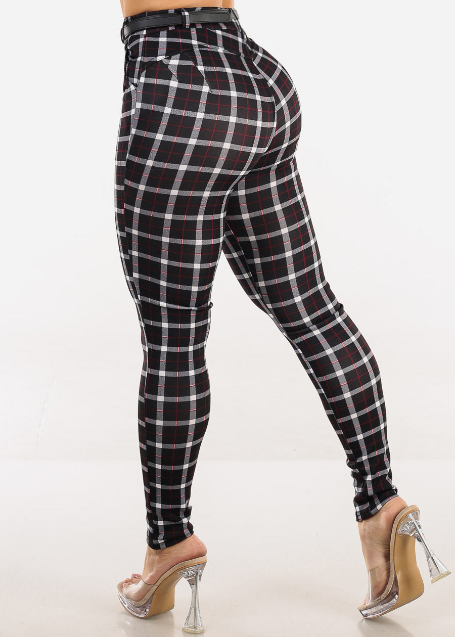 Butt Lift High Waist Plaid Skinny Ankle Pants w Belt Black
