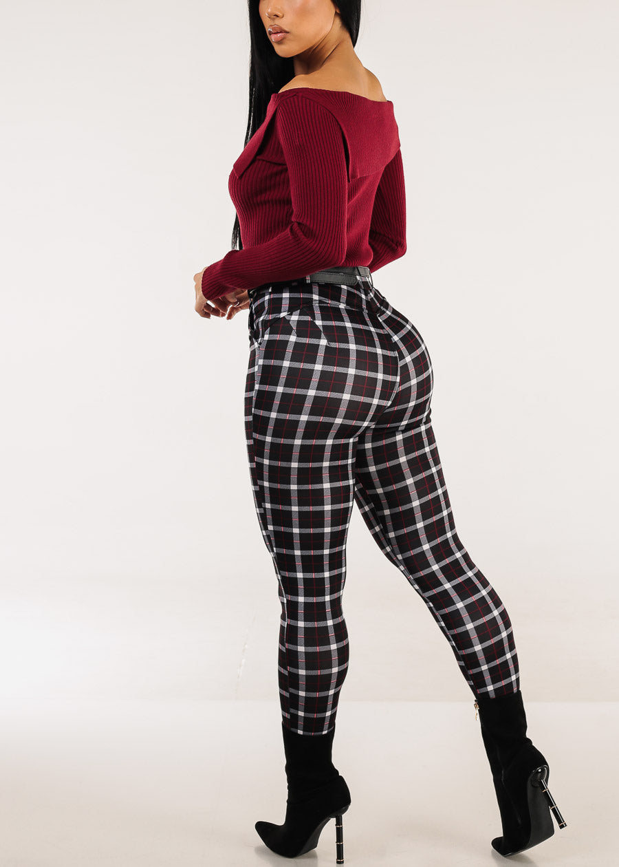 Butt Lift High Waist Plaid Skinny Ankle Pants w Belt Black