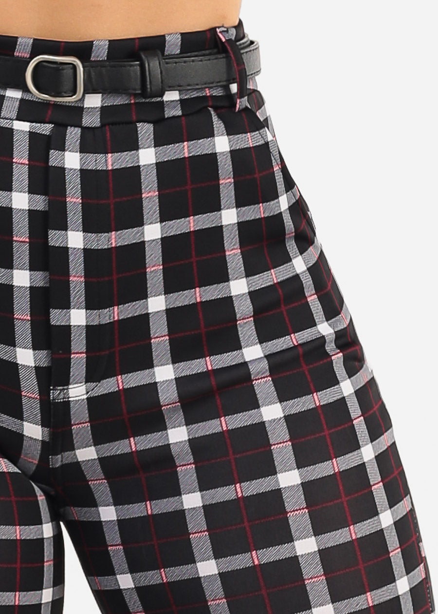 Butt Lift High Waist Plaid Skinny Ankle Pants w Belt Black