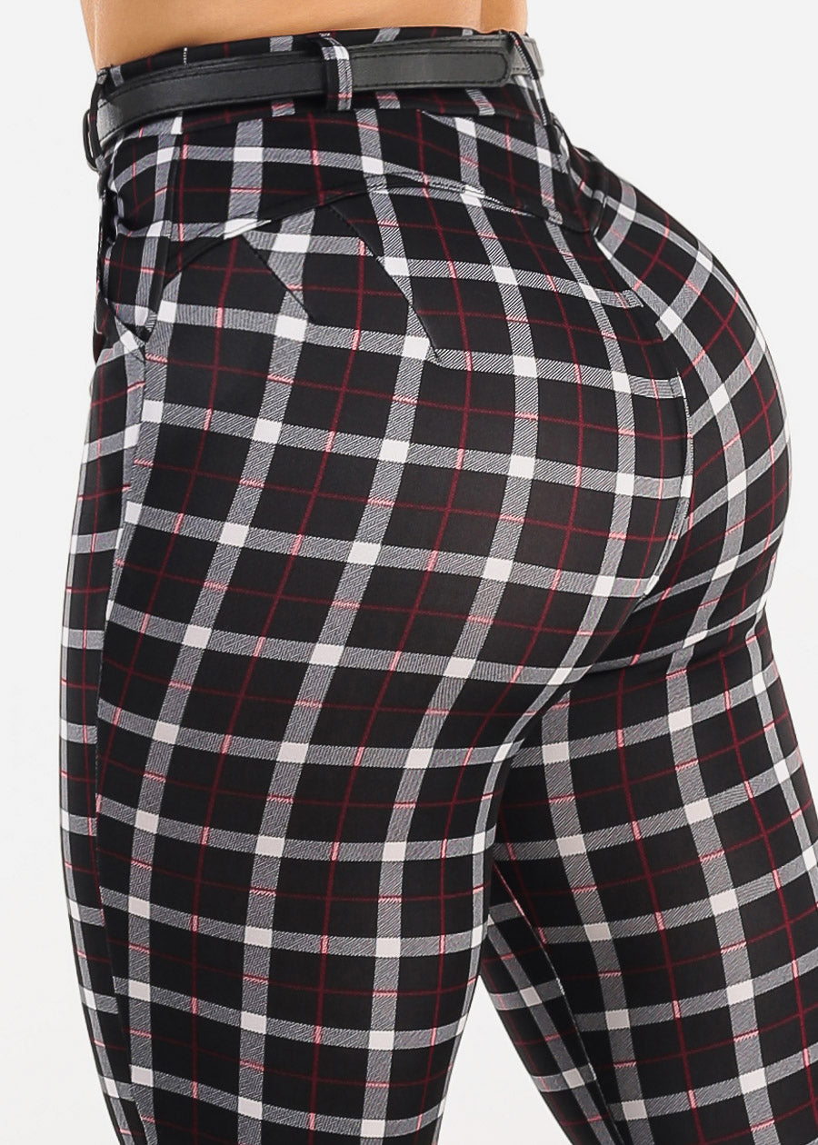 Butt Lift High Waist Plaid Skinny Ankle Pants w Belt Black