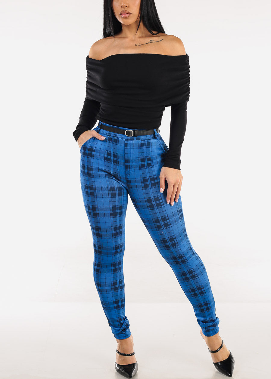 Butt Lift Stretchy Plaid Skinny Ankle Pants Blue