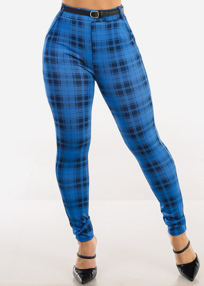 Butt Lift Stretchy Plaid Skinny Ankle Pants Blue
