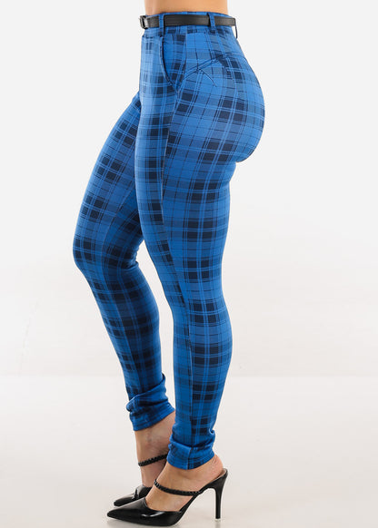 Butt Lift Stretchy Plaid Skinny Ankle Pants Blue