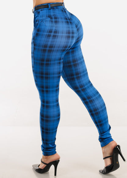 Butt Lift Stretchy Plaid Skinny Ankle Pants Blue