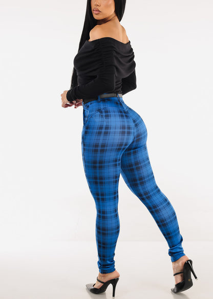 Butt Lift Stretchy Plaid Skinny Ankle Pants Blue