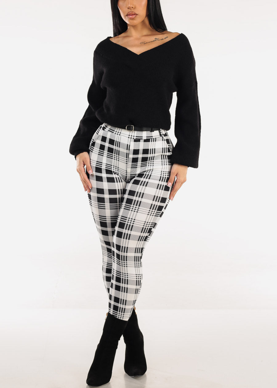 Butt Lift Stretchy Plaid Skinny Ankle Pants White & Black