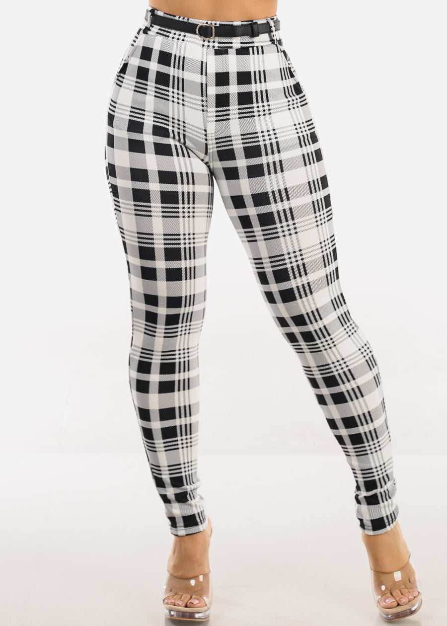 Butt Lift Stretchy Plaid Skinny Ankle Pants White & Black
