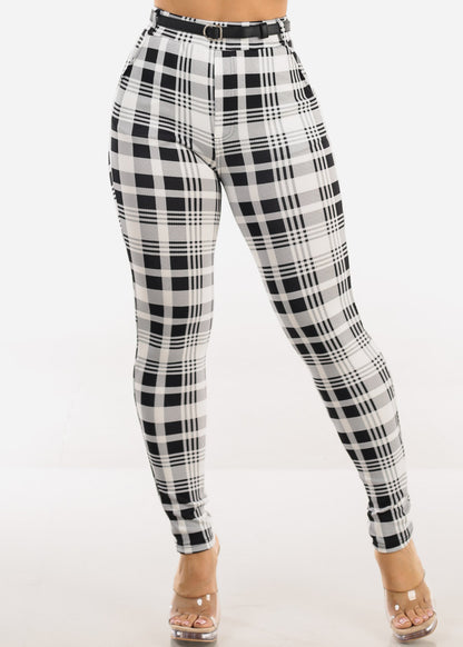 Butt Lift Stretchy Plaid Skinny Ankle Pants White & Black