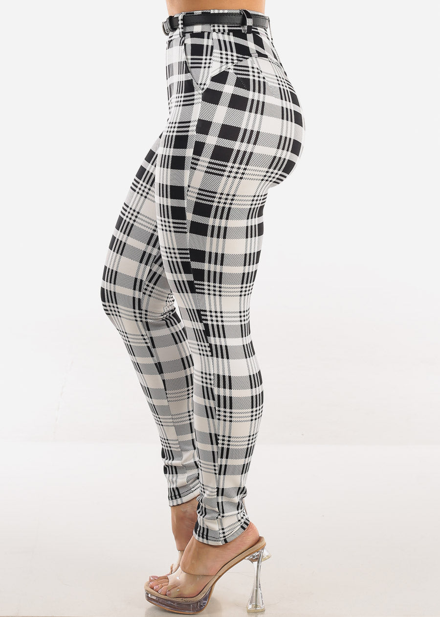 Butt Lift Stretchy Plaid Skinny Ankle Pants White & Black