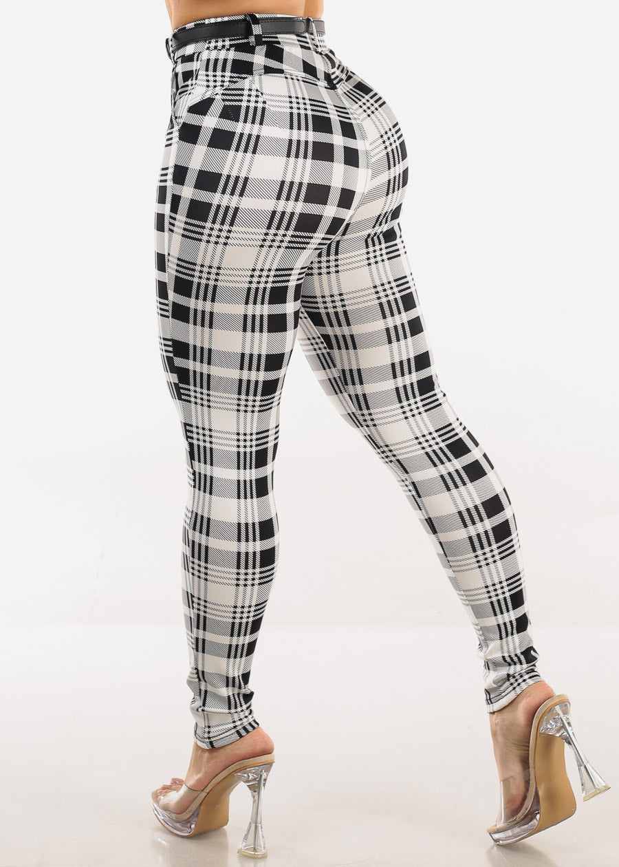 Butt Lift Stretchy Plaid Skinny Ankle Pants White & Black