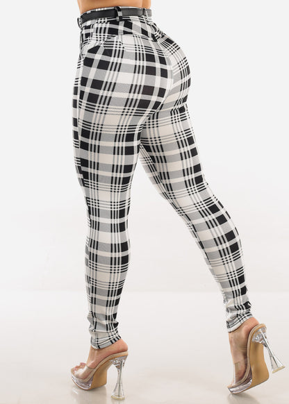 Butt Lift Stretchy Plaid Skinny Ankle Pants White & Black