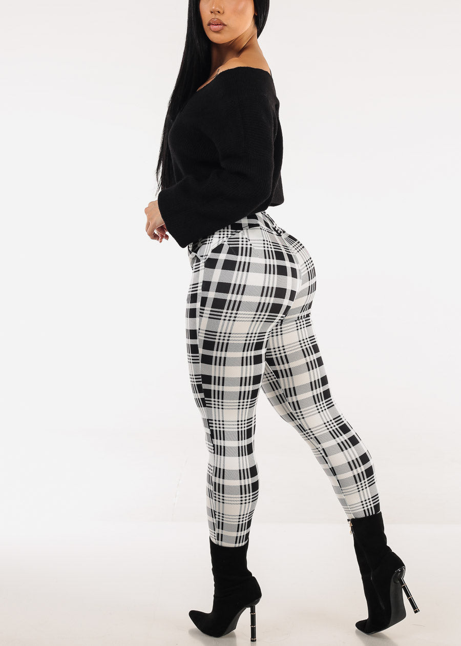 Butt Lift Stretchy Plaid Skinny Ankle Pants White & Black