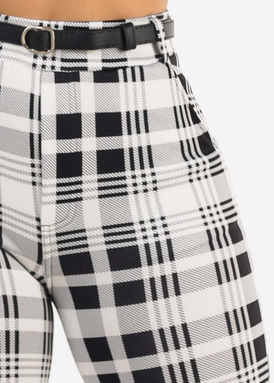 Butt Lift Stretchy Plaid Skinny Ankle Pants White & Black