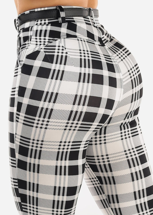 Butt Lift Stretchy Plaid Skinny Ankle Pants White & Black