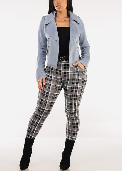 Butt Lift Stretchy Plaid Skinny Pants Dark Grey