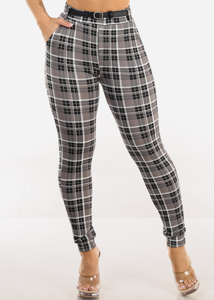 Butt Lift Stretchy Plaid Skinny Pants Dark Grey