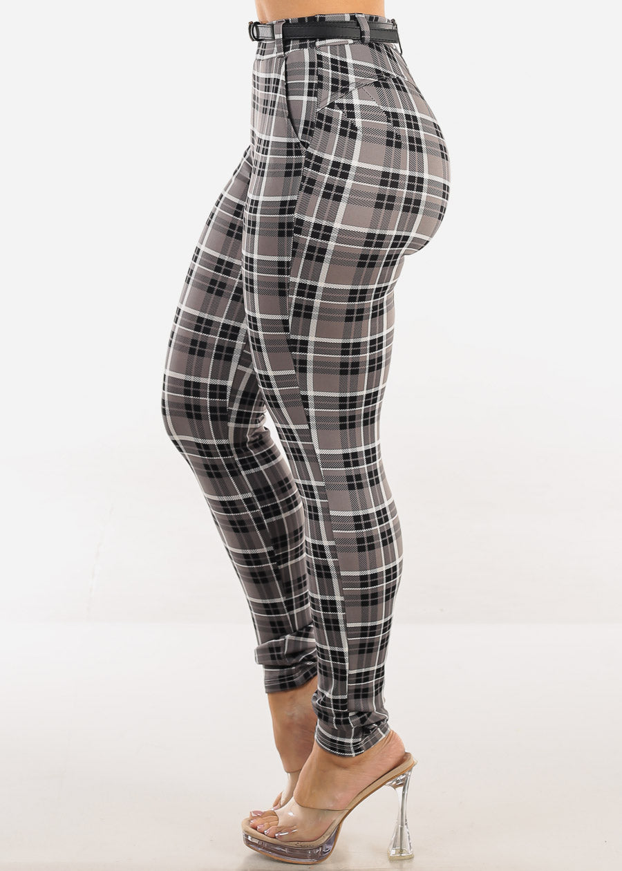 Butt Lift Stretchy Plaid Skinny Pants Dark Grey
