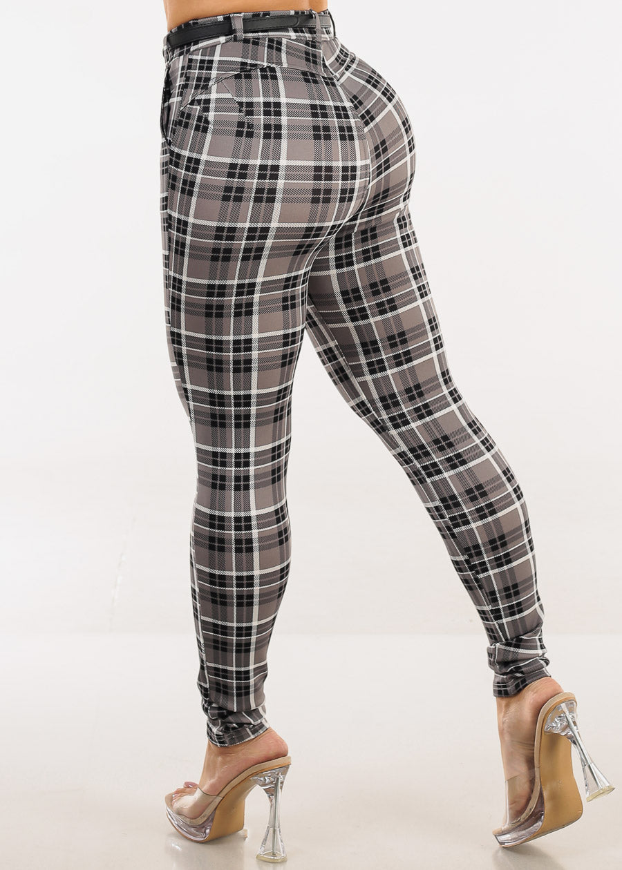 Butt Lift Stretchy Plaid Skinny Pants Dark Grey