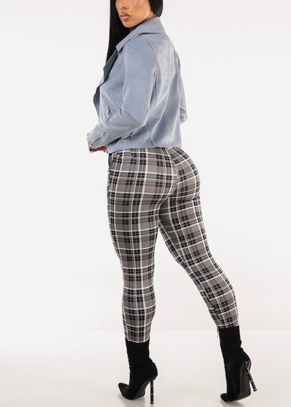 Butt Lift Stretchy Plaid Skinny Pants Dark Grey