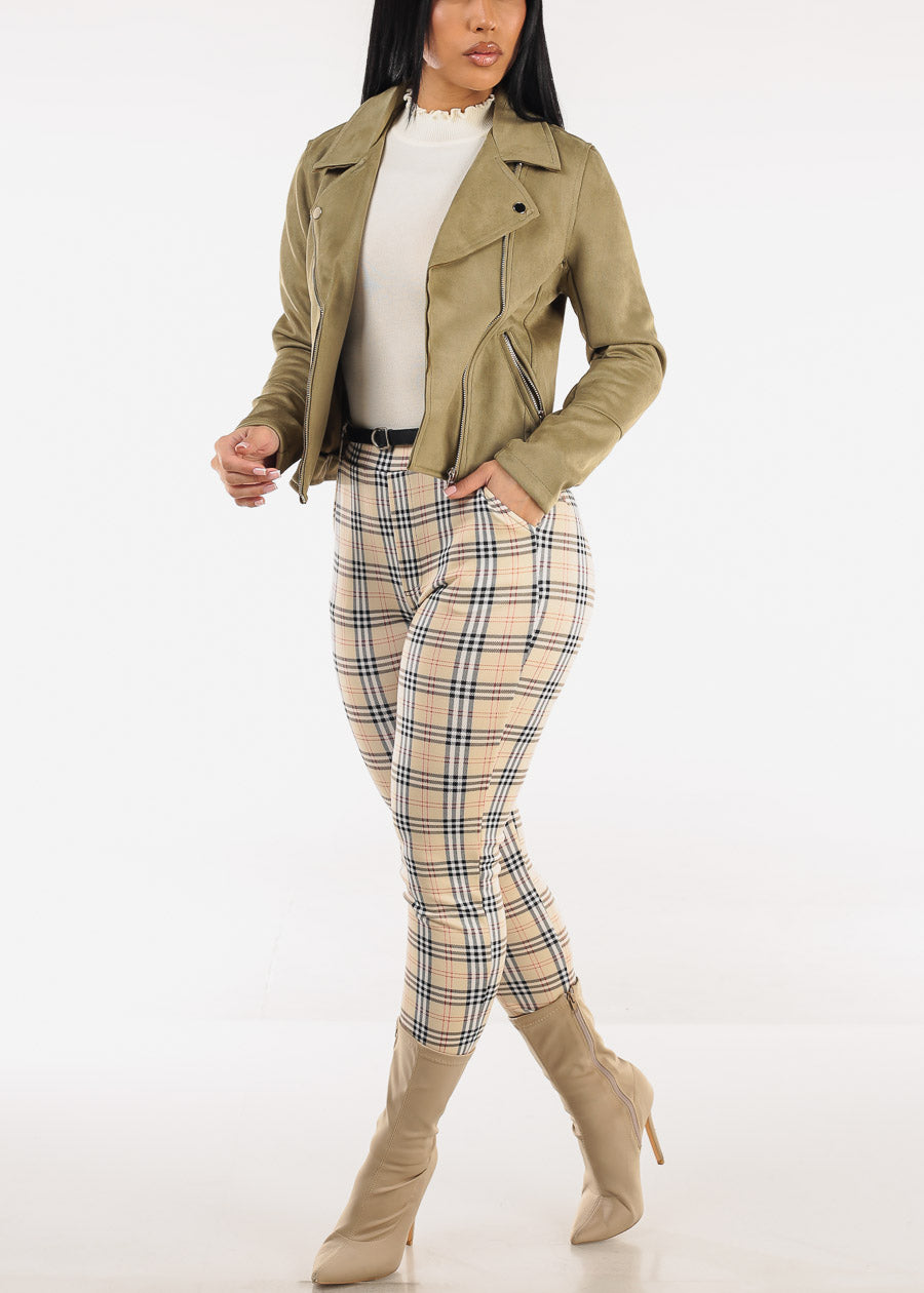 Butt Lift Stretchy Plaid Skinny Ankle Pants Cream