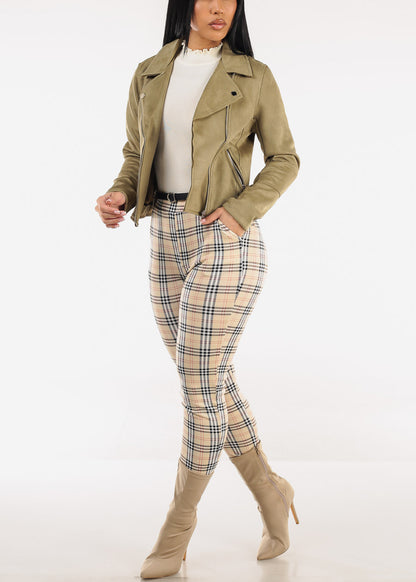 Butt Lift Stretchy Plaid Skinny Ankle Pants Cream